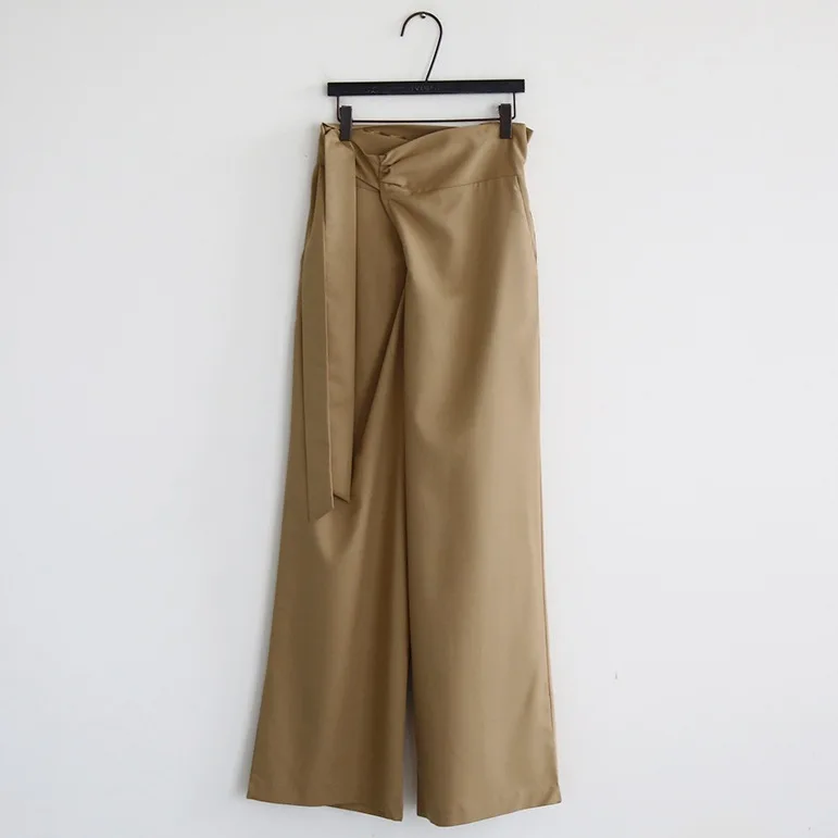 

PA0004 Solid Wide Leg Trousers For Lady Casual Temperament Pleated High Waist Loose Suit Pants With Sashes Womens Clothes