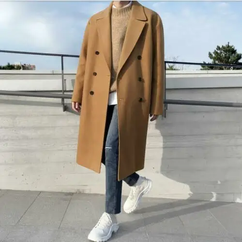 

Korean Men's Woolen Jacket Trench Coat Double Breasted Loose Long Over Knee New C174