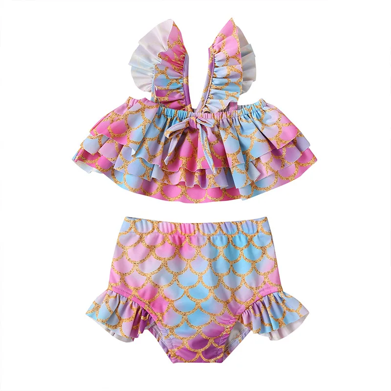 

Baby Girls Swimwear Toddler Two Pieces Set Beach Vacation Suspender Swimsuit Mermaid Print