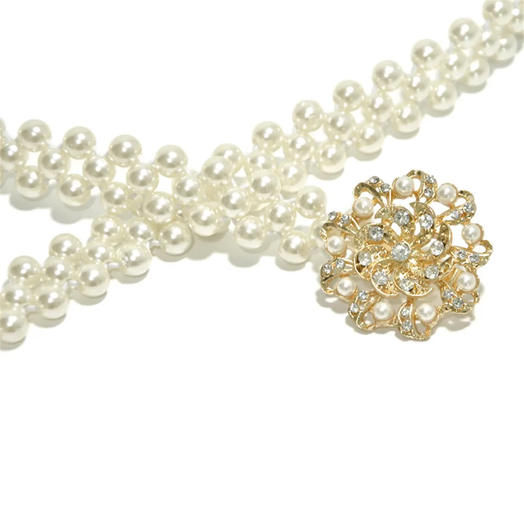 Элегантный женский пояс с жемчугом Стразы цветочной эластичной пряжкой цепочка