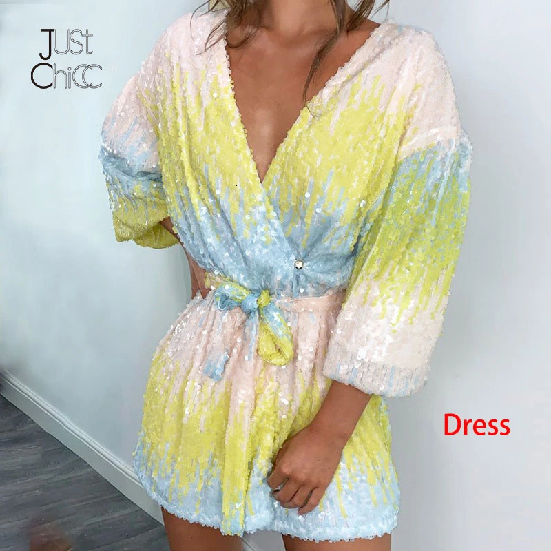 Yellow Justchicc, сексуальное женское платье с блестками, глубокий v-образный вырез, Осень-зима, с длинным рукавом, Клубные вечерние платья, Vestido, элегантное мини Бандажное платье - Цвет: Yellow