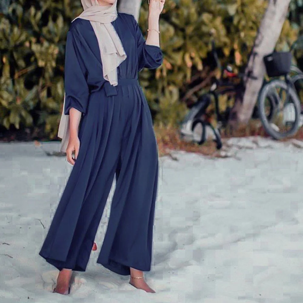 

2021 Muslim jumpsuit loose solid color comfortable long jumpsuit plus size solid color long corset jumpsuit with belt