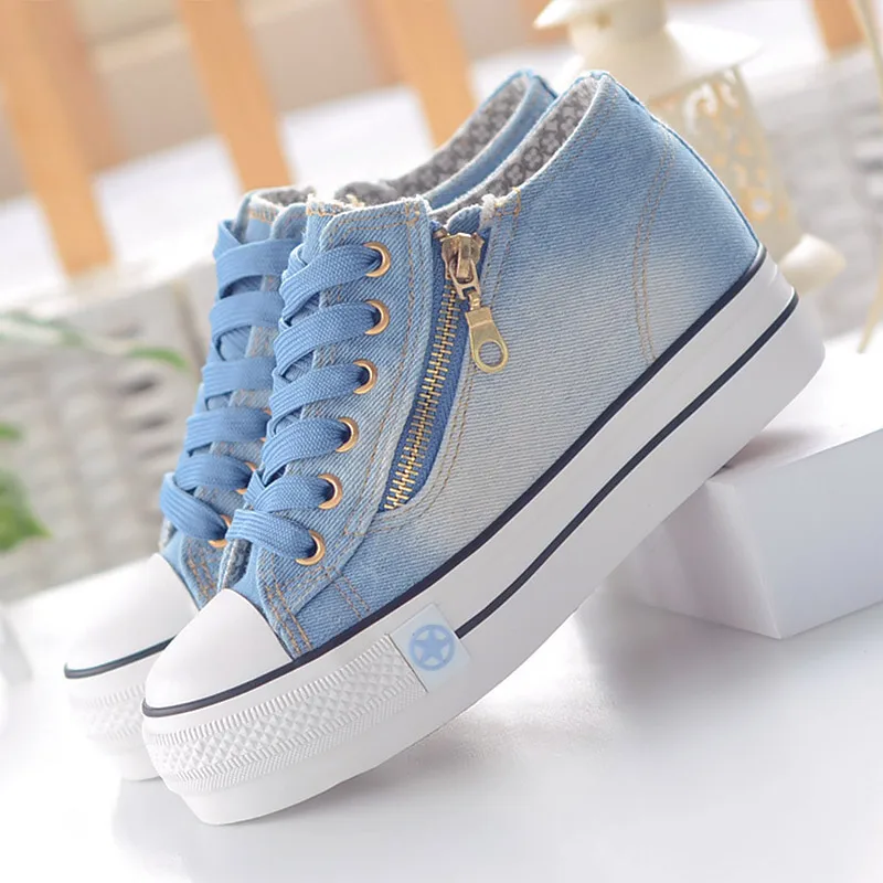 Sky blue Женские кроссовки, увеличивающие рост, на 5 см, парусиновая обувь на молнии для девочек, износостойкая резиновая обувь для тенниса, массивные кроссовки, размер 41 - Цвет: Sky blue