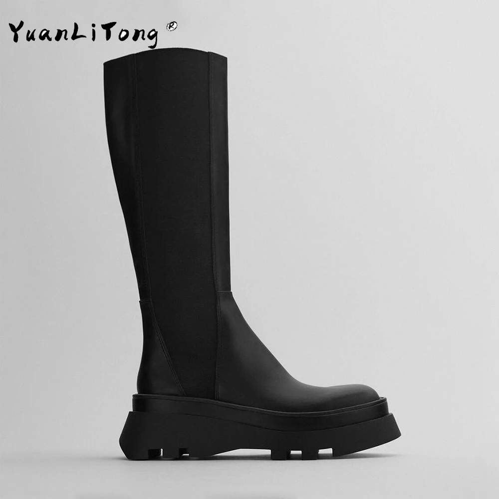 

2020 New Winter Women's Boots Black Grooved Sole Chimney Boots Flat Leather Boots Knee high boots Brand