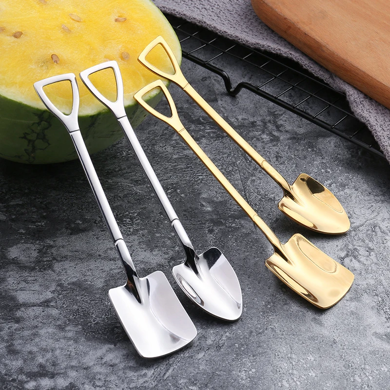 Creative Stainless Steel Ice Cream Coffee Spoon Shovel Shape Shell Tea Spoons 3 Colors Afternoon Dessert Long Handle | Дом и сад