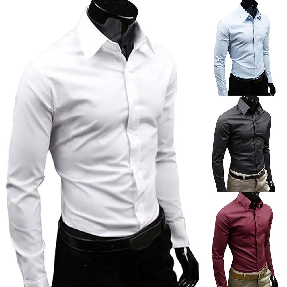 

Men Autumn Long Sleeve Casual Elegant Work Shirt Business Men Solid Color Long Sleeve Buttons Down Slim Cotton Plus Size Shirt