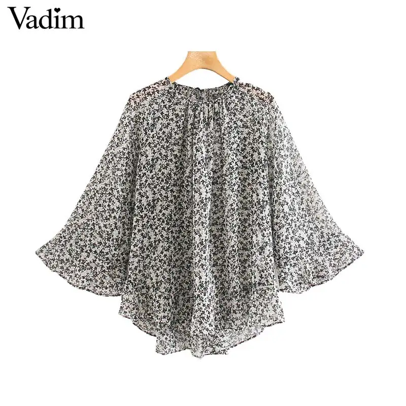 Vadim women elegant chiffon floral print blouse flare sleeve see through shirts female casual loose tops blusas LB729 | Женская одежда