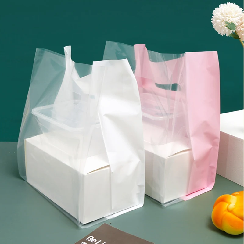 

50Pcs Thick Plastic Bags Translucent Shopping Bag With Handle Christmas Wedding Party Favor Takeway Salad Cake Packaging Bags