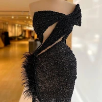 2021 chic one shoulder evening dress side split ruched see thru prom gowns feathers sexy party dress