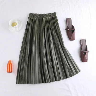 Женская плиссированная юбка из ПУ кожи длинная трапециевидной формы с высокой