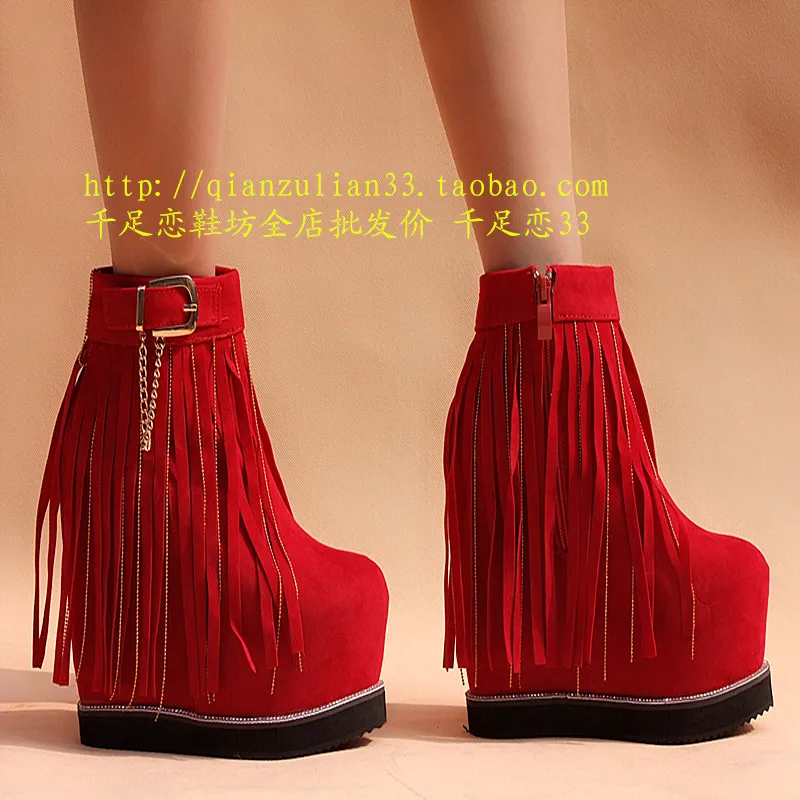 Autumn and winter fringed boots inside thickening 15 cm ultra high heel Women's in the tube muffin bottom female snow boot | Обувь