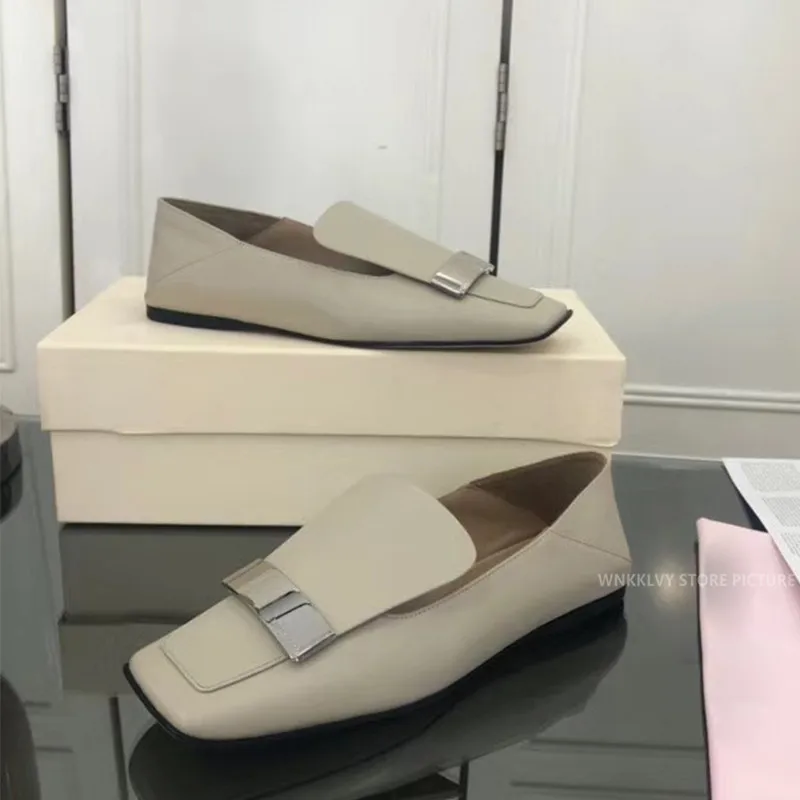 

Spring Summer lazy loafers grandma Shoe Woman metal decor causal shoes for girls slip on British style square toe mullers