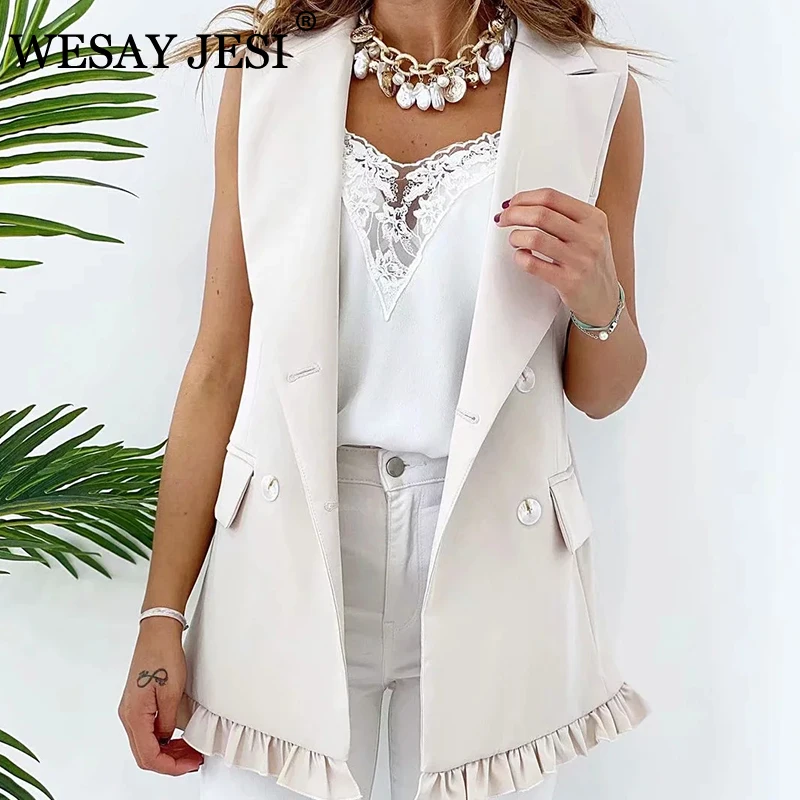 

WESAY JESI Women's Clothing 2021 Za Fashion Ruffle Jacket Casual Waistcoat Two Colors Coat Double Breasted Sleeveless Outerwear