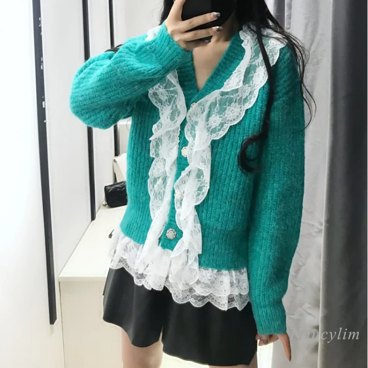

Lace Patch V-neck Drill Buckle Long Sleeve Knitted Cardigan Women 2021 Spring Casual Sweater Coat Lady Top Nancylim