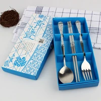 three piece stainless steel tableware blue and white porcelain student portable tableware work outdoor travel tableware set