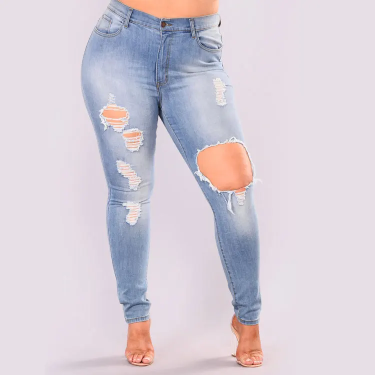 

Женские узкие джинсы-карандаш DOIB, голубые джинсы с отверстиями, модные джинсовые брюки большого размера, стирка, 6XL