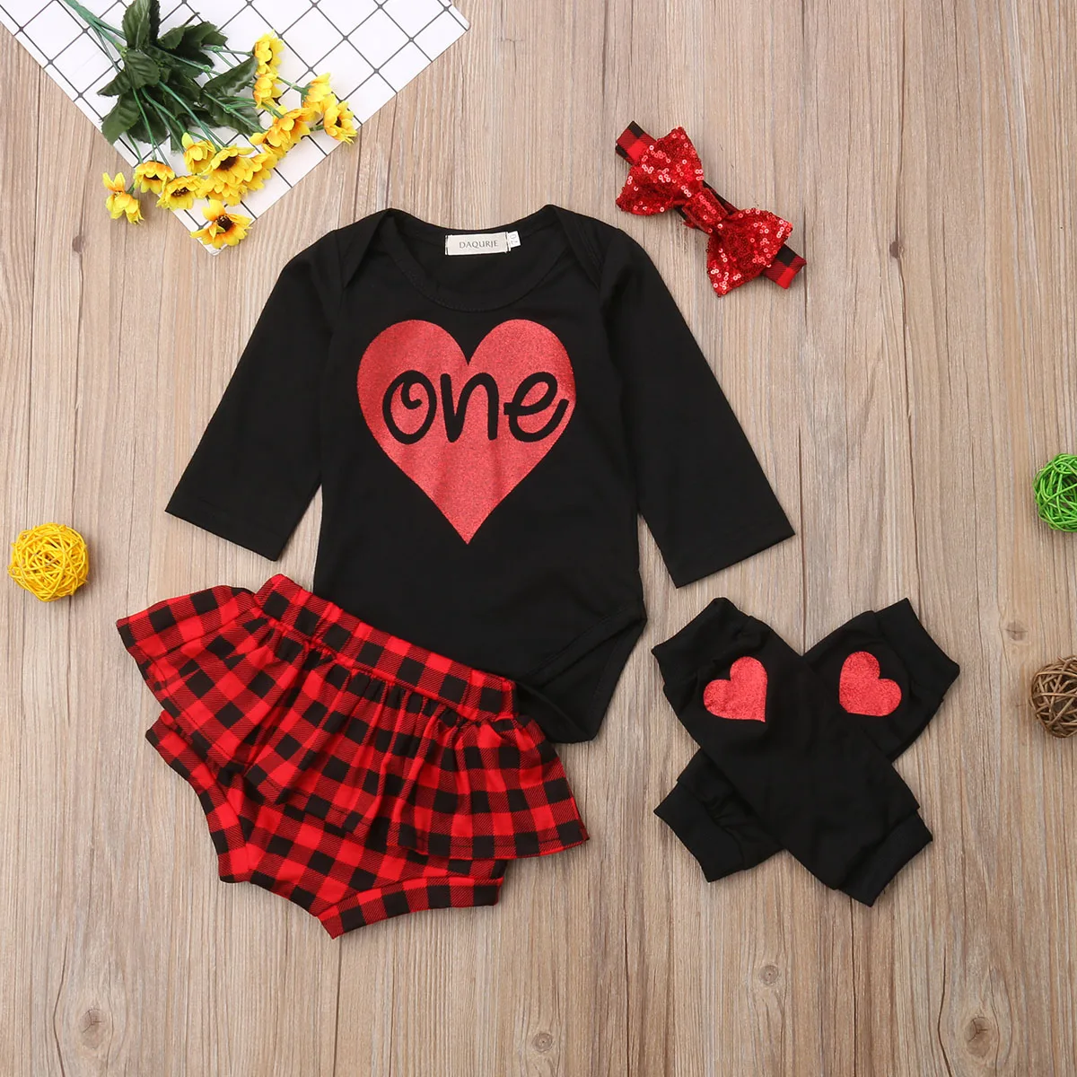 

Newborn Baby Girl Fall Clothes Lovely Skirt Suit Long Sleeve O-Neck Romper High Waist Plaid Skirt with Bowknot Outfits 5Pcs Sets