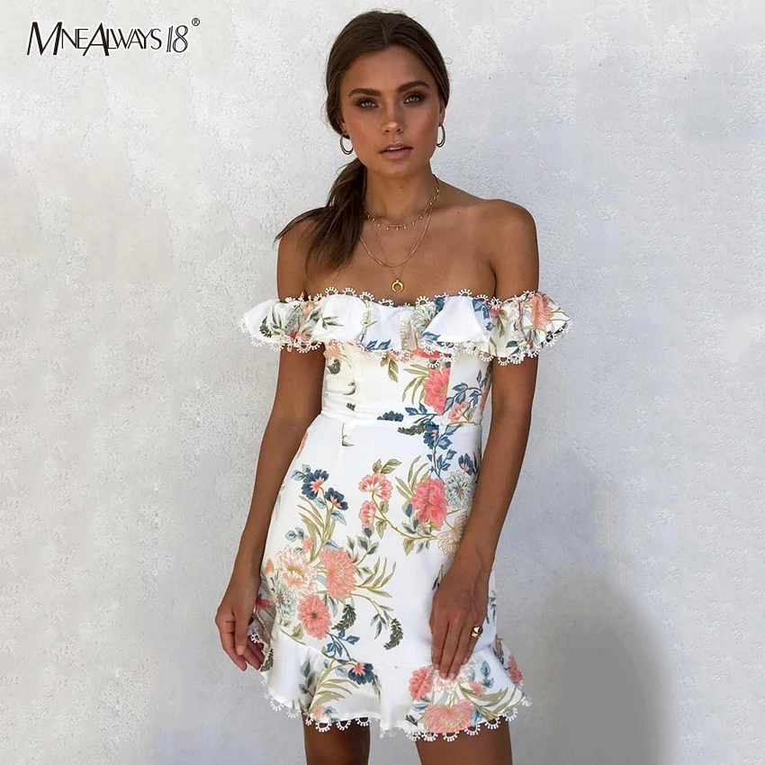 Элегантное платье Mnealways18 с цветочным принтом открытыми плечами и коротким