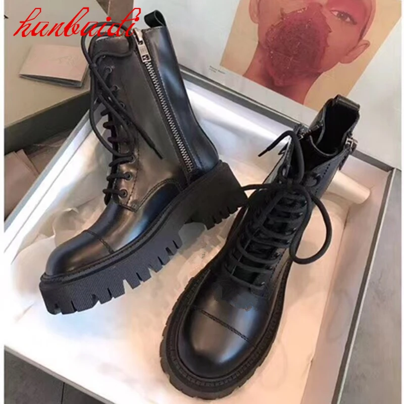 

Winter New Women Shoes Solid Black Short Boots Genuine Leather Boots British Style Lace Up Shoes Zipper Decoration Martin Boots