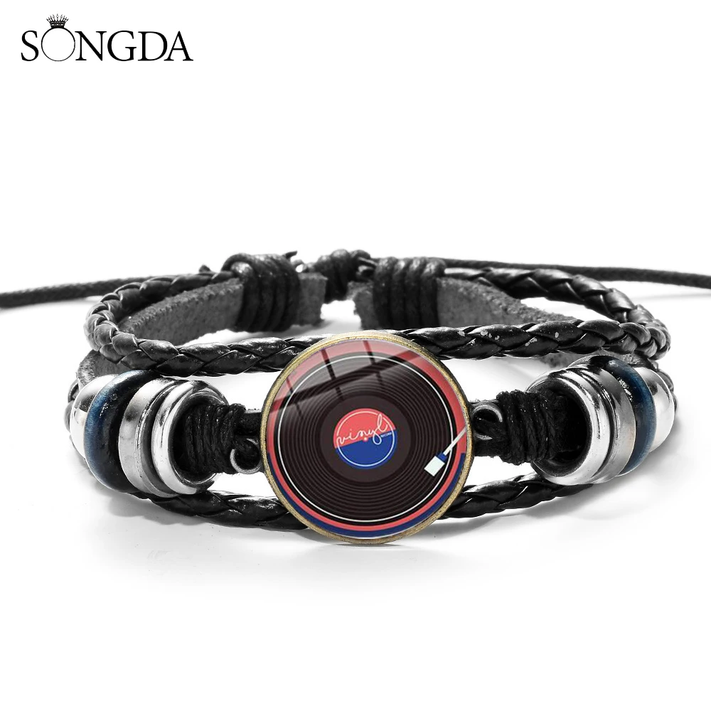 Vinyl Record Leather Bracelets Men's Neutral Retro Design Vibes Tape DJ Vinyl Player Glass Gem Wristband for Music Lovers