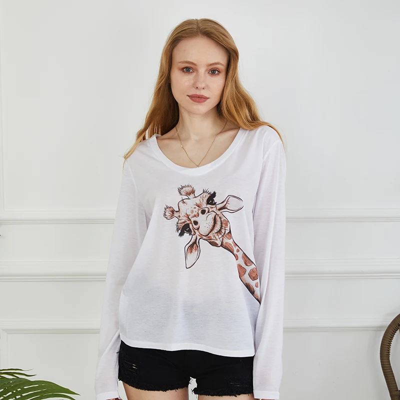 

Casual Autumn Giraffe Print Long T-shirts Woman O-neck Long Sleeve Loose Pullover Tops
