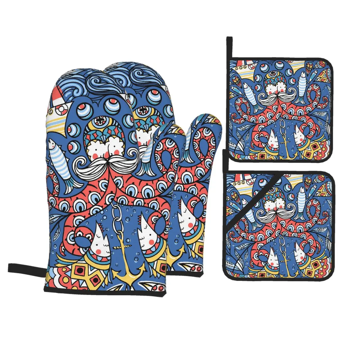 

4pcs Kitchen Gloves Insulation Pad Cooking Microwave Colored Old Octopuses Fishes Boats Baking BBQ Oven Potholder Pad Oven Mitts
