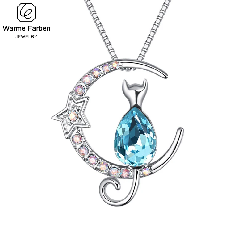 Украшенное кристаллами Сваровски женское ожерелье Звезда Луна Кот кристалл