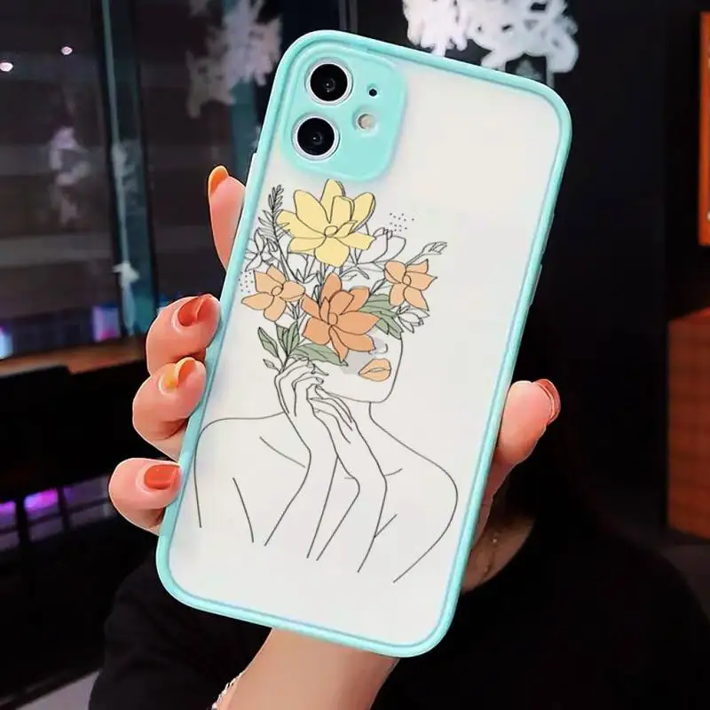

Art Retro Abstract Geometry leaves Phone Cases Matte transparent For blue iPhone 12 Mini 11 Pro XR XS Max 7 8 Plus X Back Cover