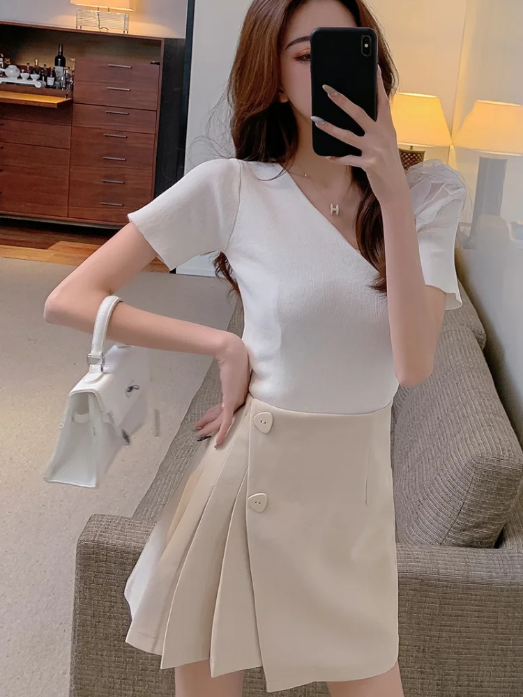 

Houthion Women's Skirts Casual Fashion Zipper Solid Color Skirt Summer Korean Fashion Clothing High Waist Two Buttons New Slim
