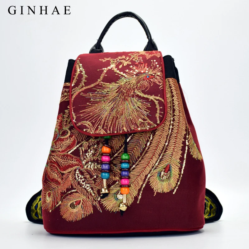 

Vintage Peacock Embroidery Backpack Ethnic Style Drawstring Canvas Shoulder Bag Women National Handmade Bead Rucksack Floral Bag