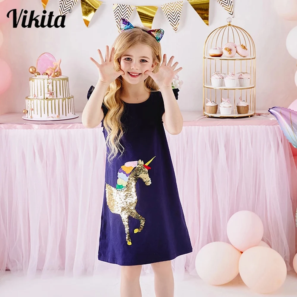 

VIKITA Summer Dress for Girls Kids Flare Sleeve Dresses Children A-Line Cotton Dress Girls Casual Vestidos Kids Unicorn Clothing