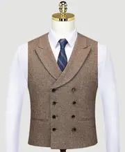 Gilet de costume en laine marron à chevrons pour homme, gilet de marié à Double boutonnage, gilet de mariage, de fête, de bal, de ferme, de campagne  (4)