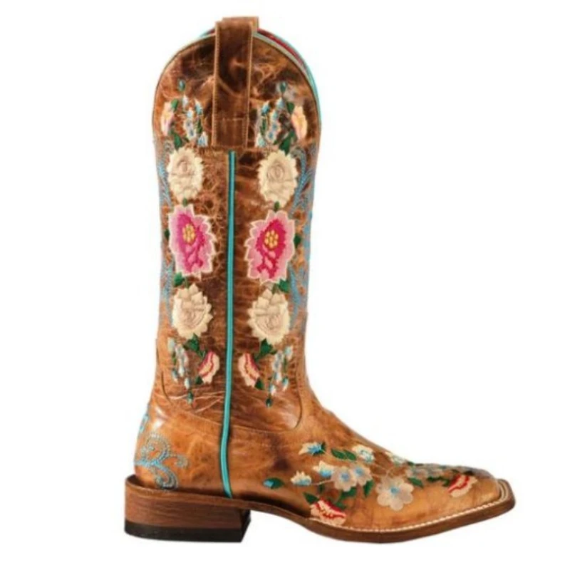

New Women PU Leather Handmade Embroidery Rose Garden Cowboy Boots Square Heel Square Head Deep V Mouth Retro Fashion 8KH399