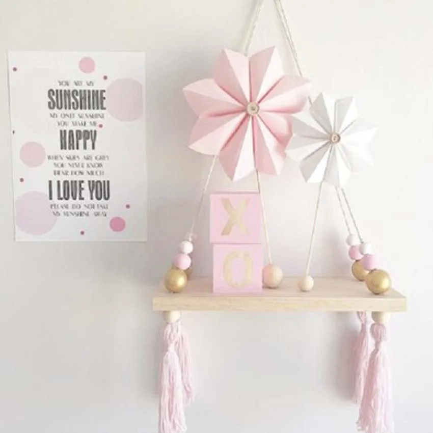 

1PCS Nordic Style Kids Decor Tassels Storage Shelf Rack Wooden Hanging Board Ornaments Bedroom Decor With Beads Tassels Decor