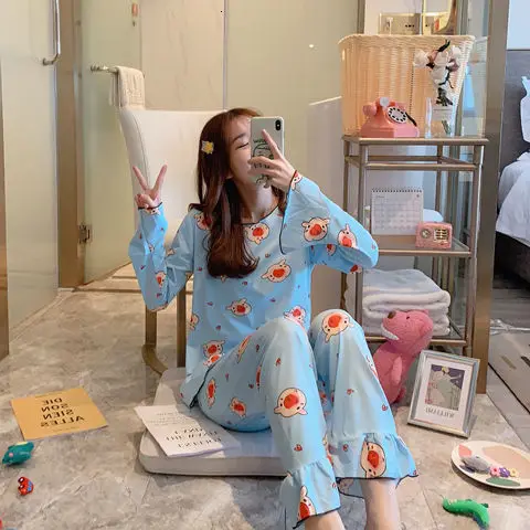 Pajamas suit Осенне-зимний пижамный комплект для женщин, полосатый хлопковый Длинный топ, длинные штаны, комплект из 2 предметов, пижамный комплект для женщин, милая одежда для сна, пижама для девочек - Color: Pajamas suit