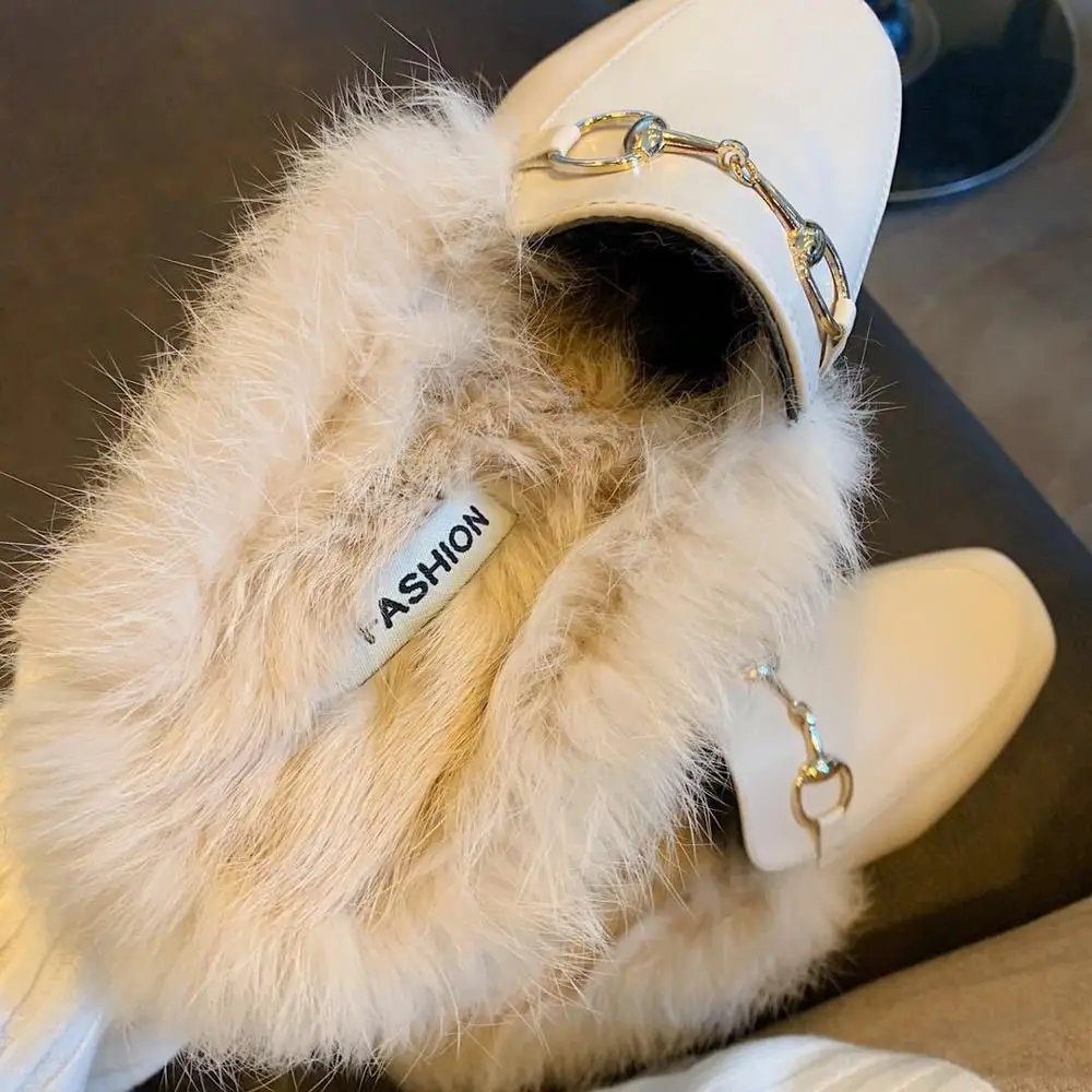 Женские меховые мюли без застежки на низком каблуке с квадратным носком теплая