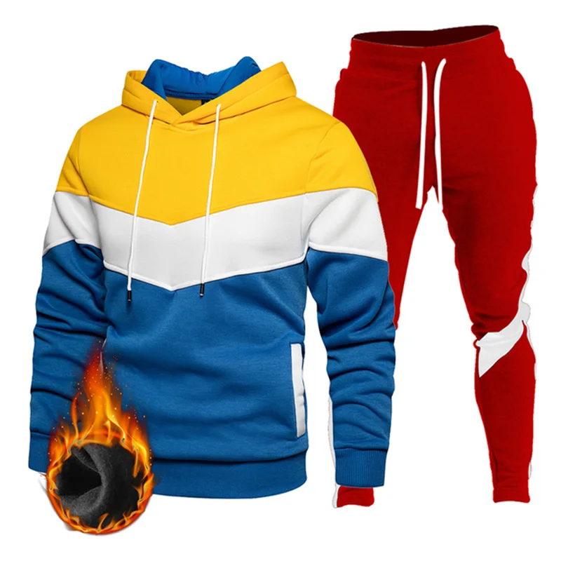 

2021 boutique men's stitching casual wear loose street hooded sportswear men's suit autumn and winter fleece jacket + pants 2