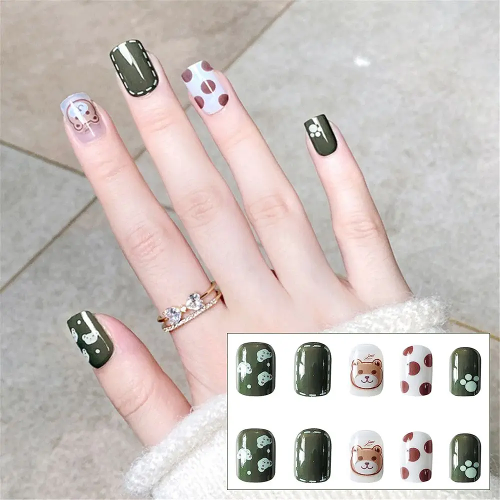 24pcs Artificial False Nails Full Cover Bear Design Wear Short Paragraph Fashion Manicure Patch Press On Fake Art Tips | Красота и