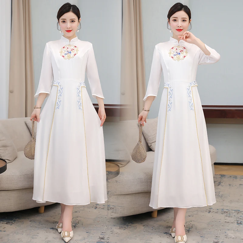 

Women Dress Autumn 2021 National Wind Cheongsam Vintage Ruffles Long Sleeve Solid Floral Print Embroidery Dresses Traf Robe