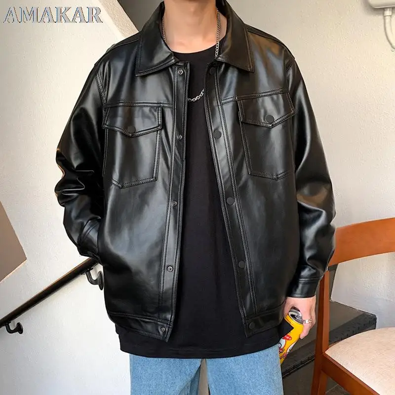 

Black Soft Faux Leather Jacket Hip Hop Jacket Oversize Streetwear Pockets Leather Men Spring 2022 Mens Clothes
