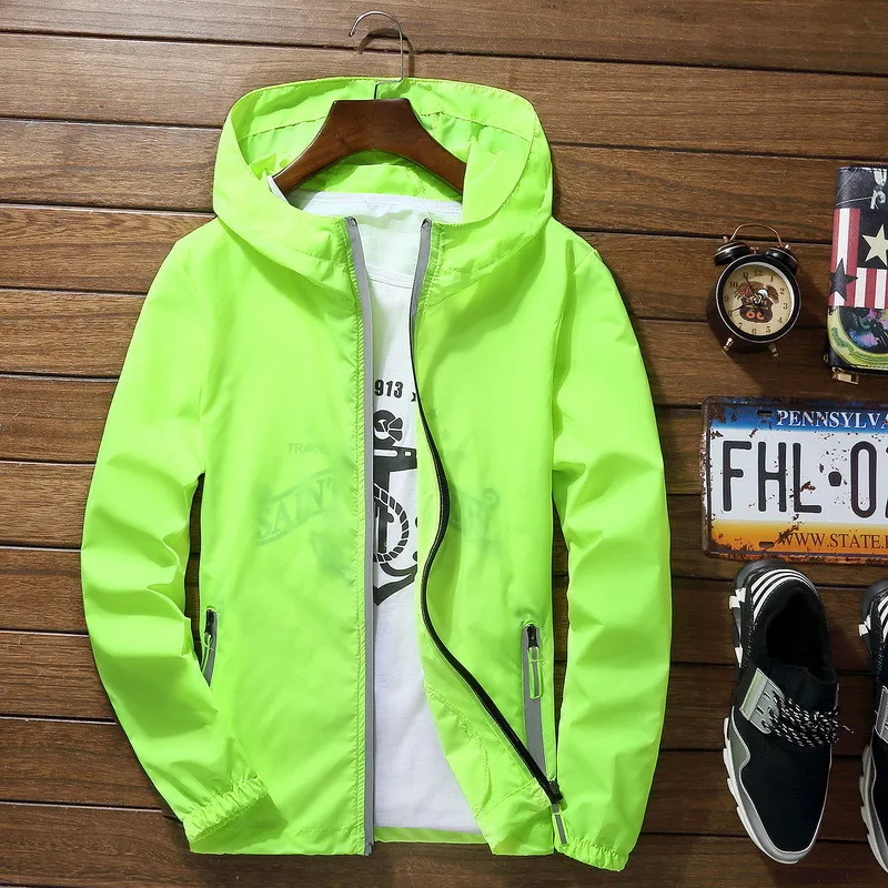 

Men Sport Outdoor Jackets Oversize Windbreak Hooded Cycling Coat Casual Loose Solid Reflective Waterproof Outwear Zipper Tops