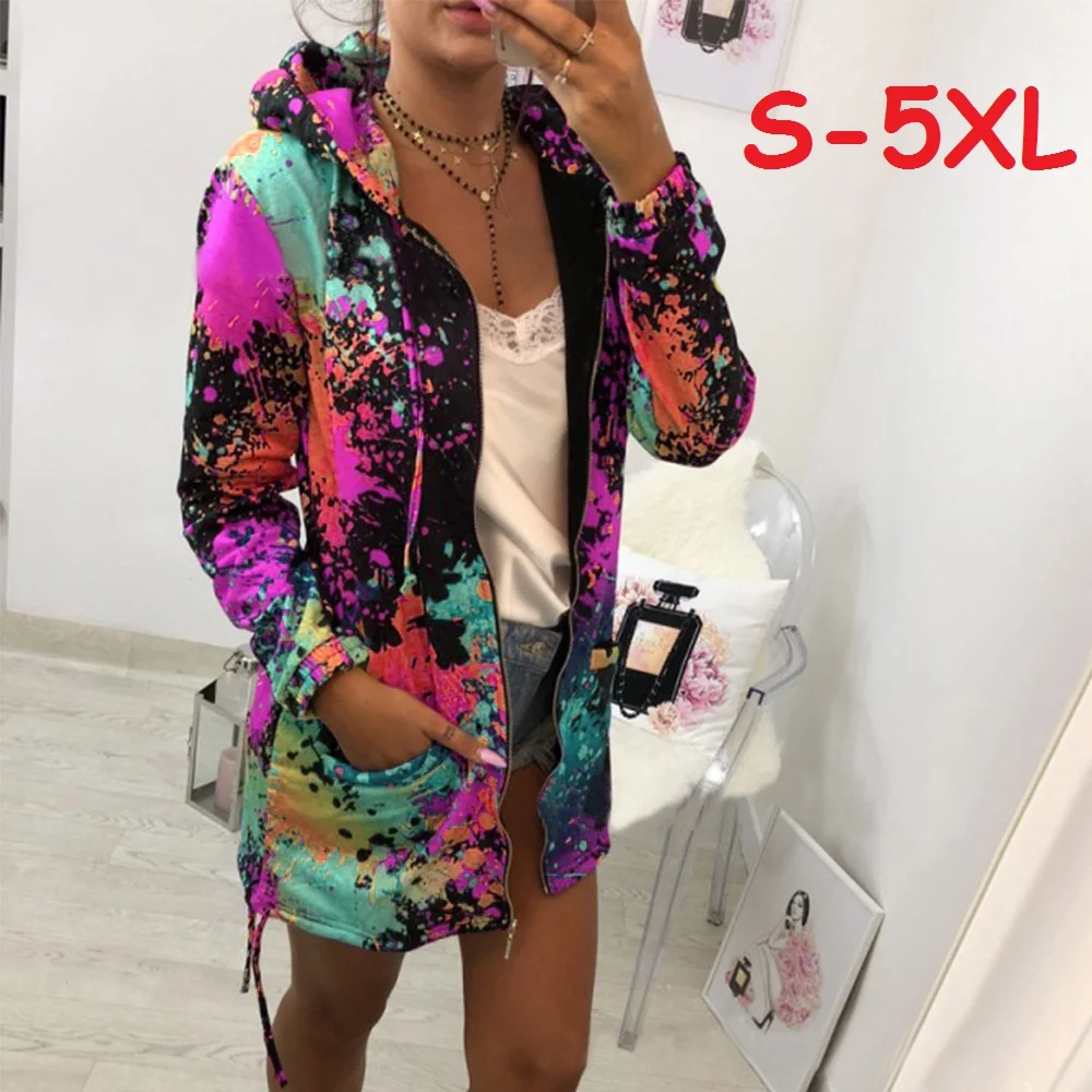 

Women Print Jackets Spring Colourful Tie Dyeing Hooded Women Sweatshirt Casual Pocket Zipper Loose Plus size Female Outwear