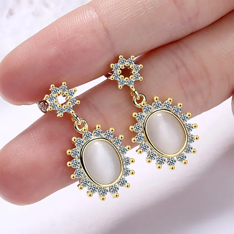 Bague Ringen, корейский темпераментный стиль, серьги с кимофановым камнем, серебро 925, ювелирные изделия, летние цветы, юбилей, вечерние