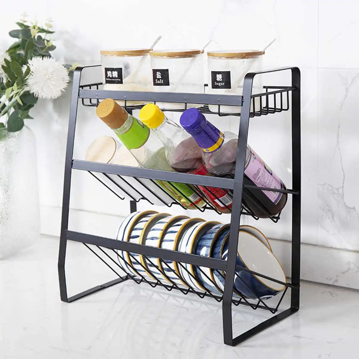 

3 Layers Kitchen Spice Rack 304 Stainless Steel Countertop Spice Jars Bottle Shelf Kitchen Organizer Shelf Storage Holder Black-