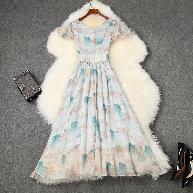 

Fashion Summer Dress Women Clothes 2020 New Elegant V Neck Print Short Sleeve Midi Bohemian Holiday Chiffon Dresses Vestidos