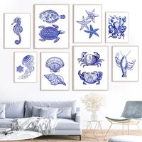 fossil fish turtle jellyfish octopus crab vintage art canvas painting nordic posters prints wall pictures for living room decor