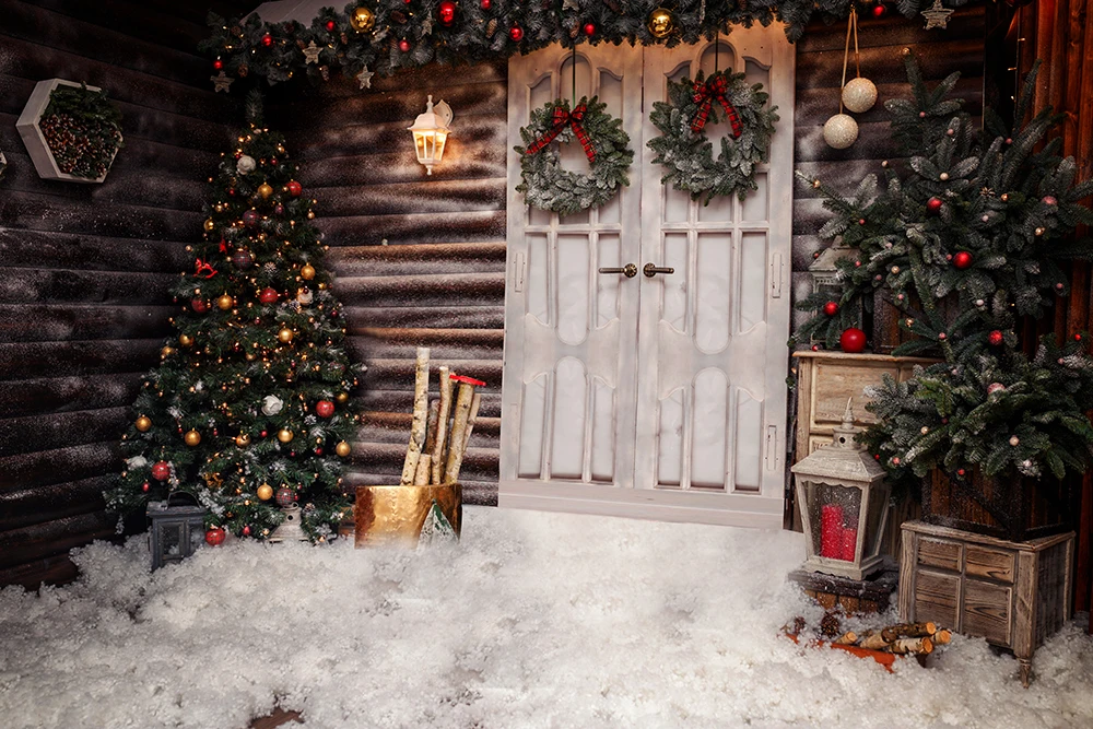 

Christmas Party Backdrop Rustic Wood House Door Bauble Trees Advent Background Noel Xmas Portrait Banners Ornament Decor Poster
