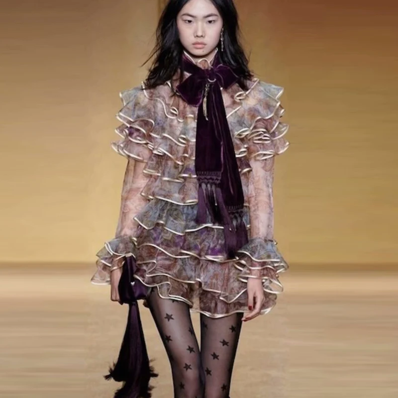 

2020 Fall Bohemia Vintage Print Ruffle Single Breasted Party Belt Slim Fit Flare Long Sleeve Chiffon Dress Women'S High Quality