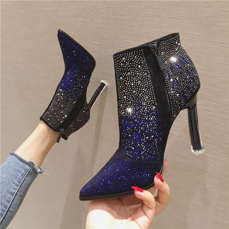 

Женские ботильоны в европейском стиле Стразы разных цветов модная женская обувь с острым носком на высоком каблуке-шпильке для вечерние B13