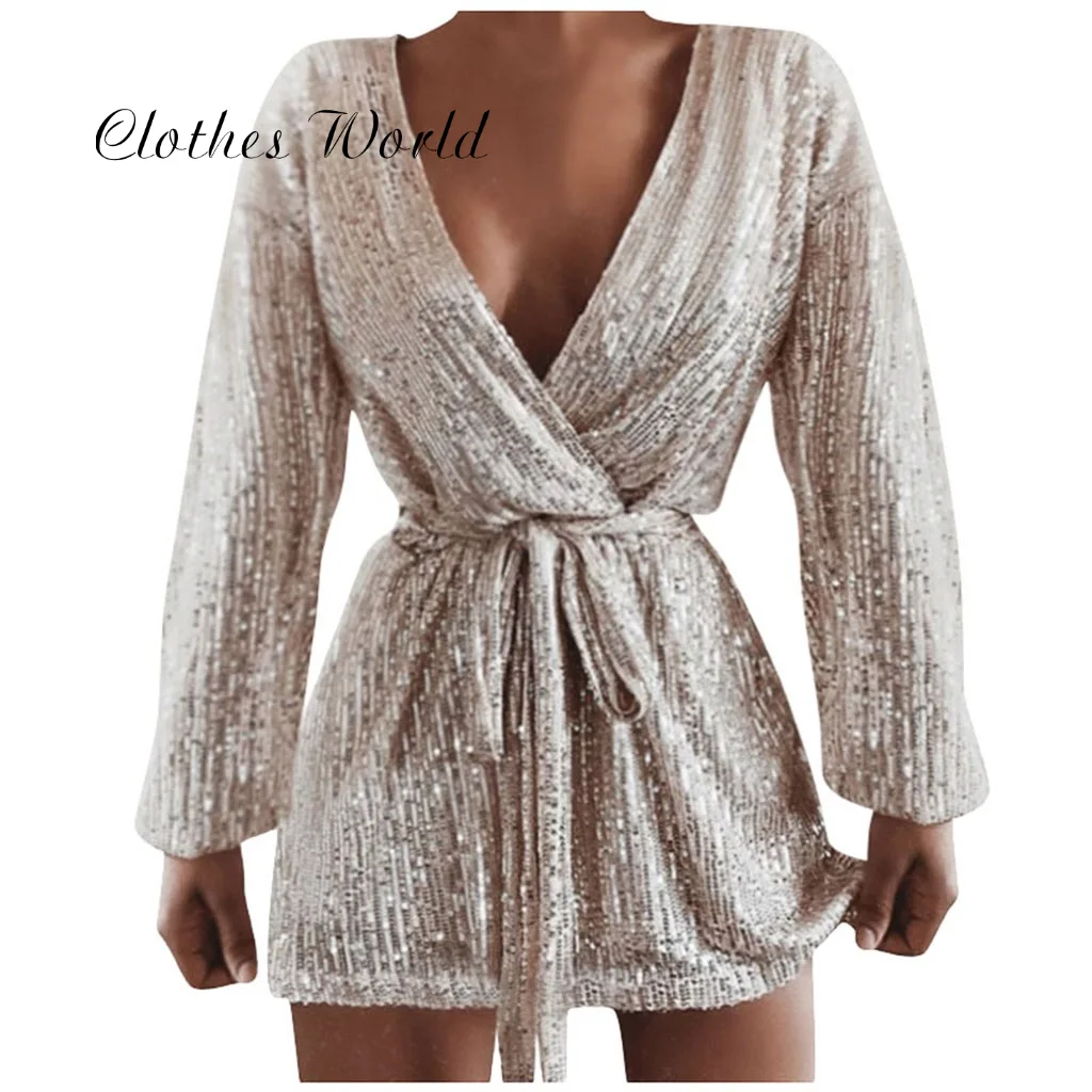 Women Sexy Dress Club Tie Up V Neck Glitter Sequin Evening Mini Cocktail Wrap vestidos de fiesta noche платье женское | Женская